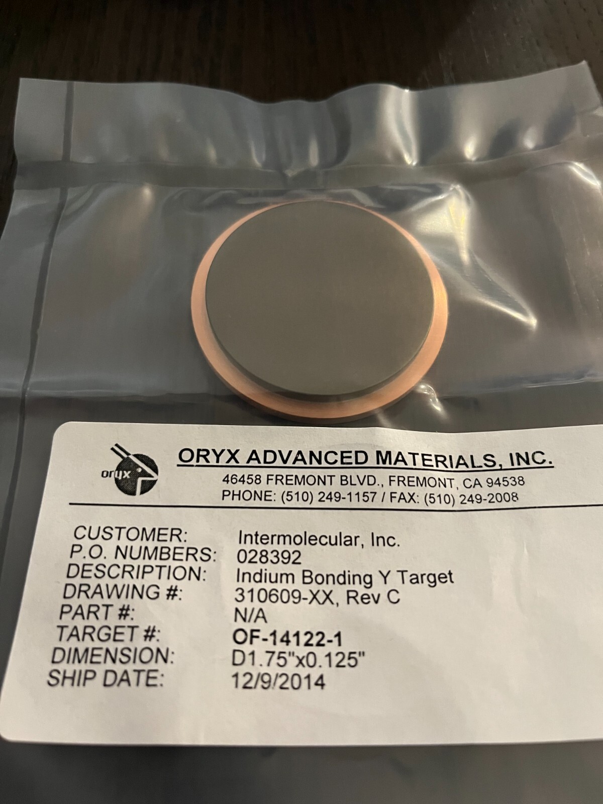Sputtering Target, Y 1.75″ x .125″ bonded to 2″ copper backing plate