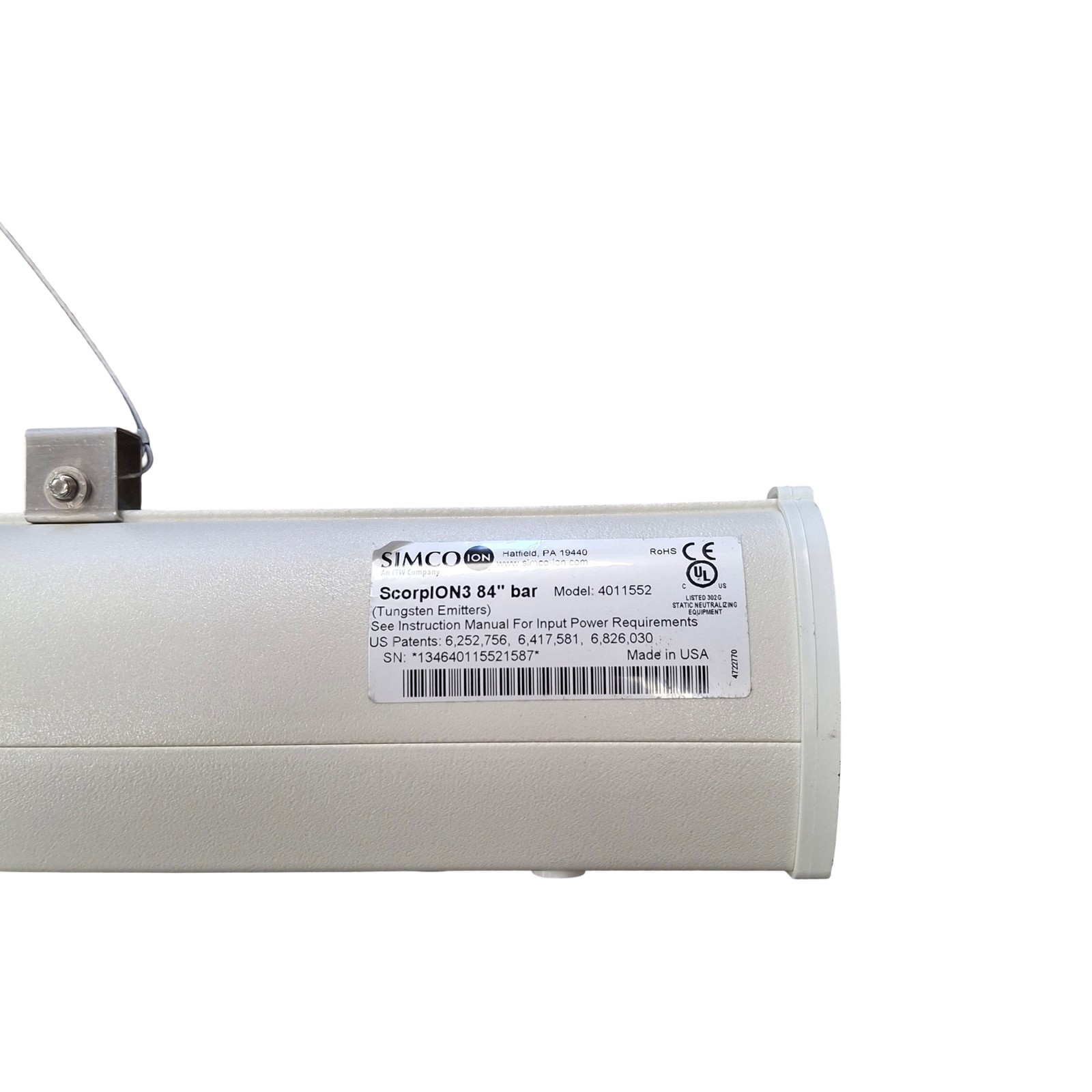 Simco 4011552 ScorpION3 Clean Ionizing Bar, 24VDC, 6-Pin RJ-11, RS-485, 84in