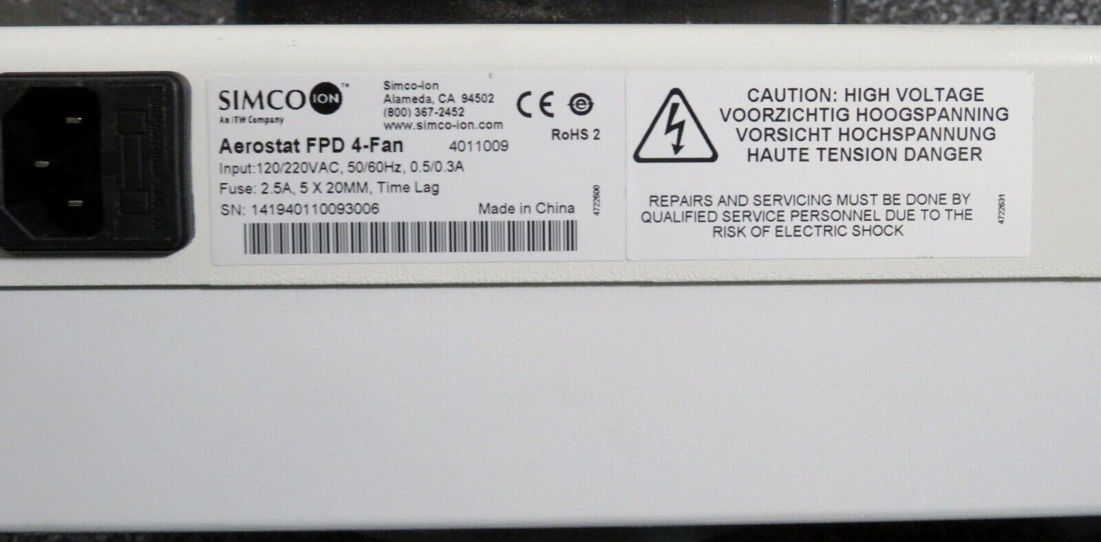 Simco-Ion 4011009 Aerostat FPD 4-Fan Overhead Ionizer (Power Tested)