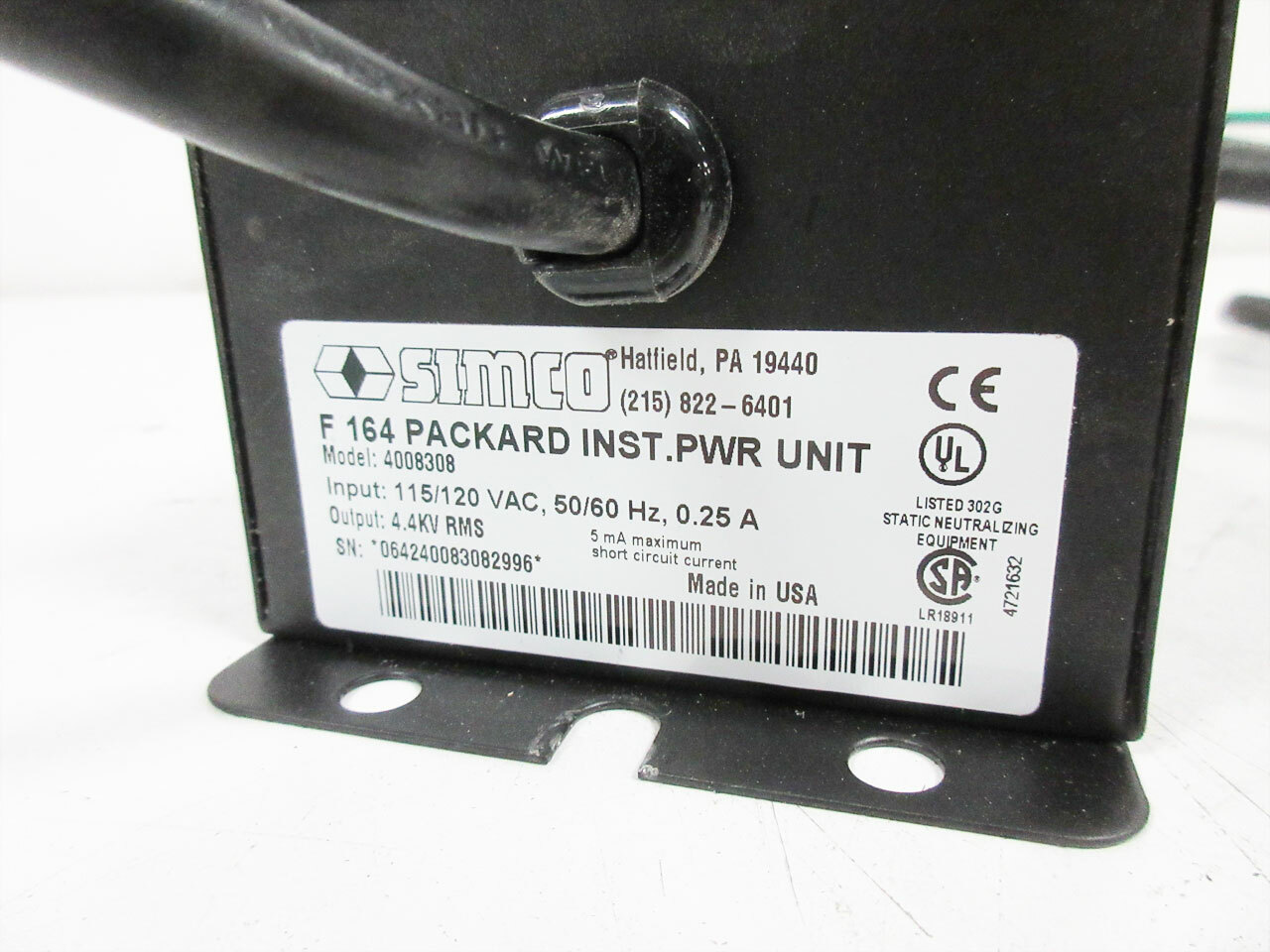 SIMCO 4008308 F 164 PACKARD INST IONIZING PWR UNIT WITH CHARGE RING