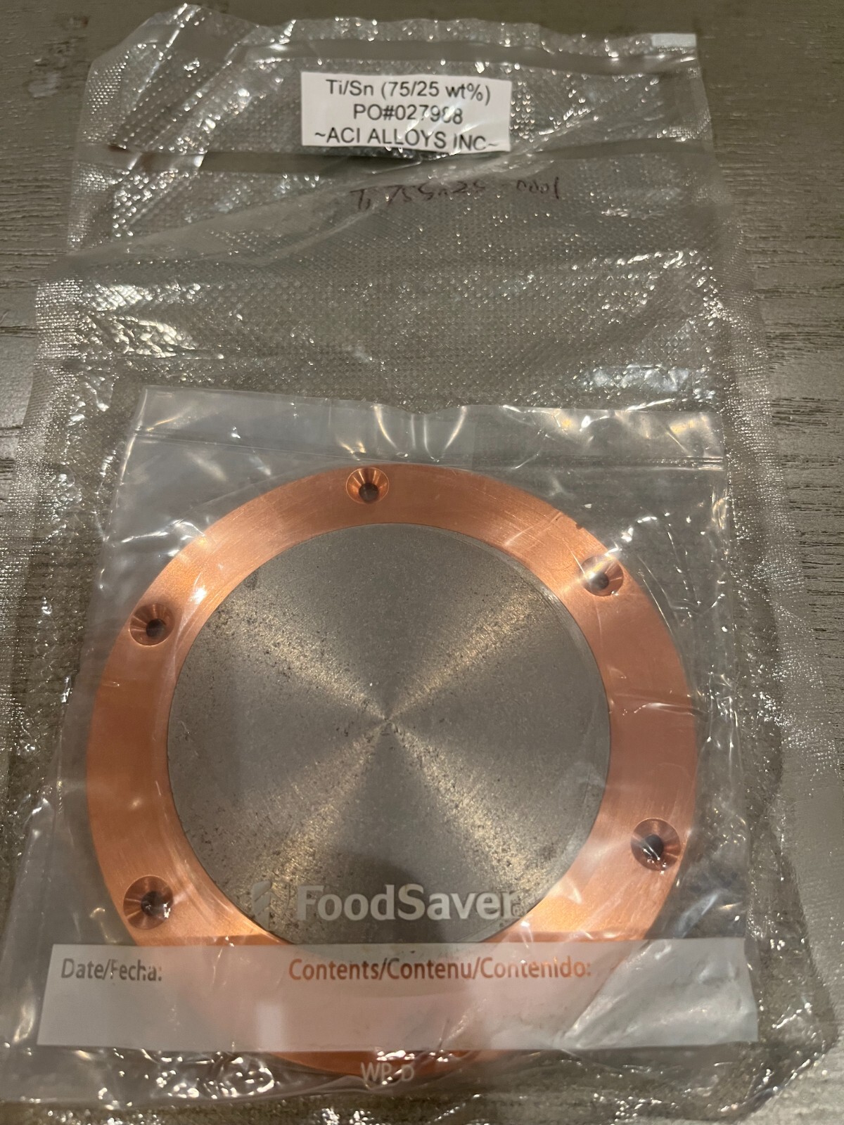 Sputtering Target, Ti75Sn25 wt %, approx 3″x.25″w/ 4″ copper backing plate
