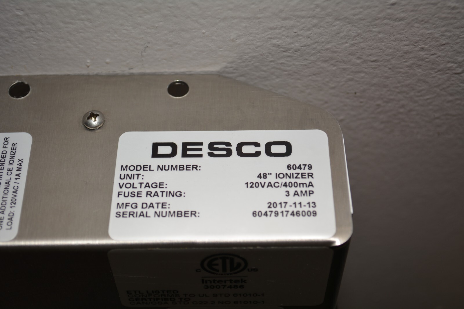 ^ Desco Overhead Ionizer Aerostat Guardian Discharge Ionizing Blower 60479