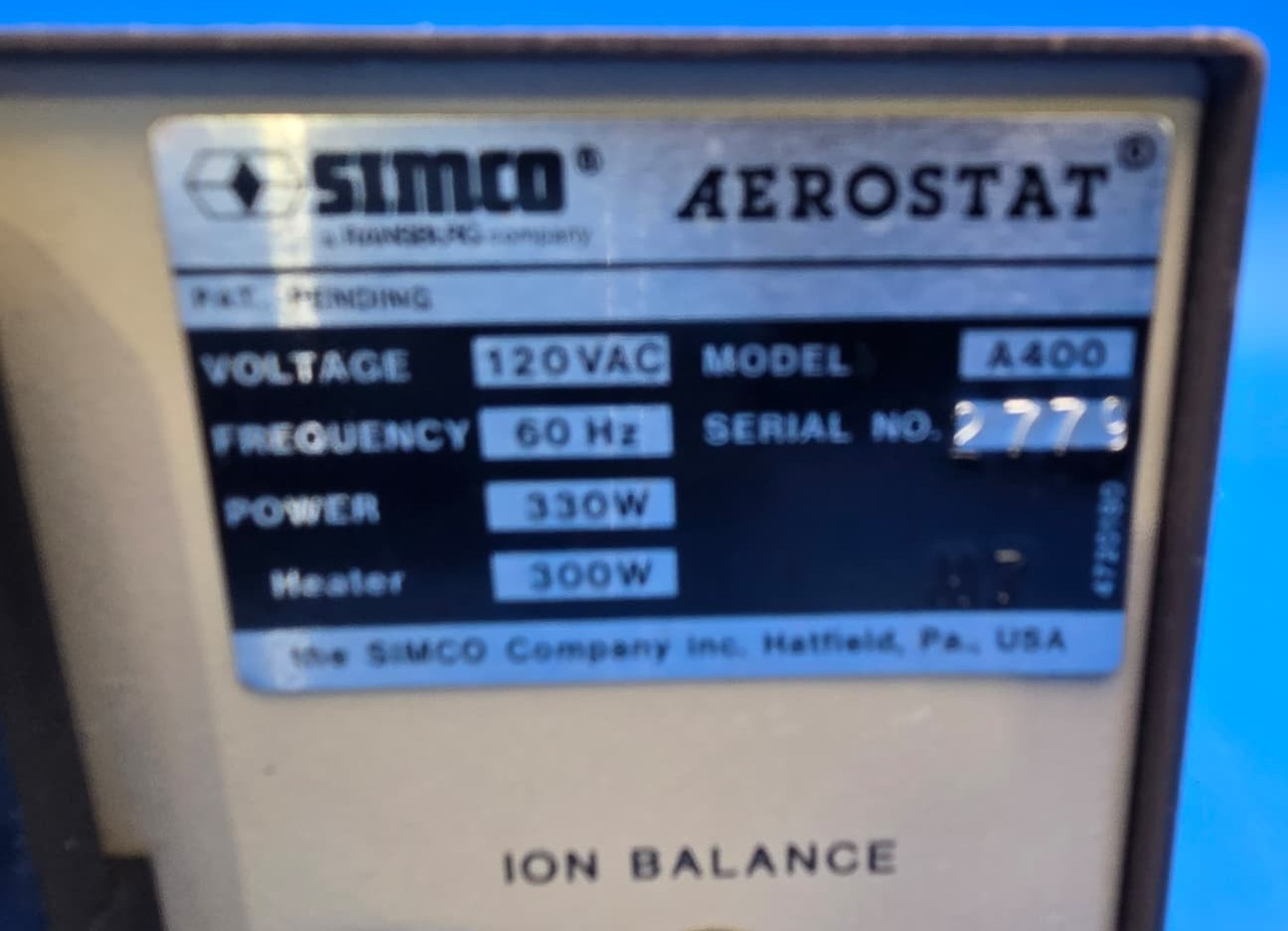 Simco Aerostat A 400 Ionizing Air Blower