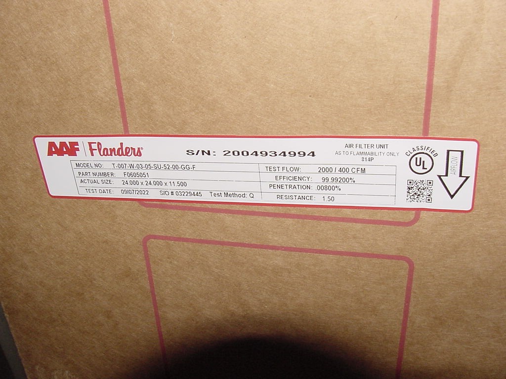 AAF Flanders HEPA Filter T-007-W-05-05-SU-52-00-GG-F Size 24x24x11.5 F060505 NEW