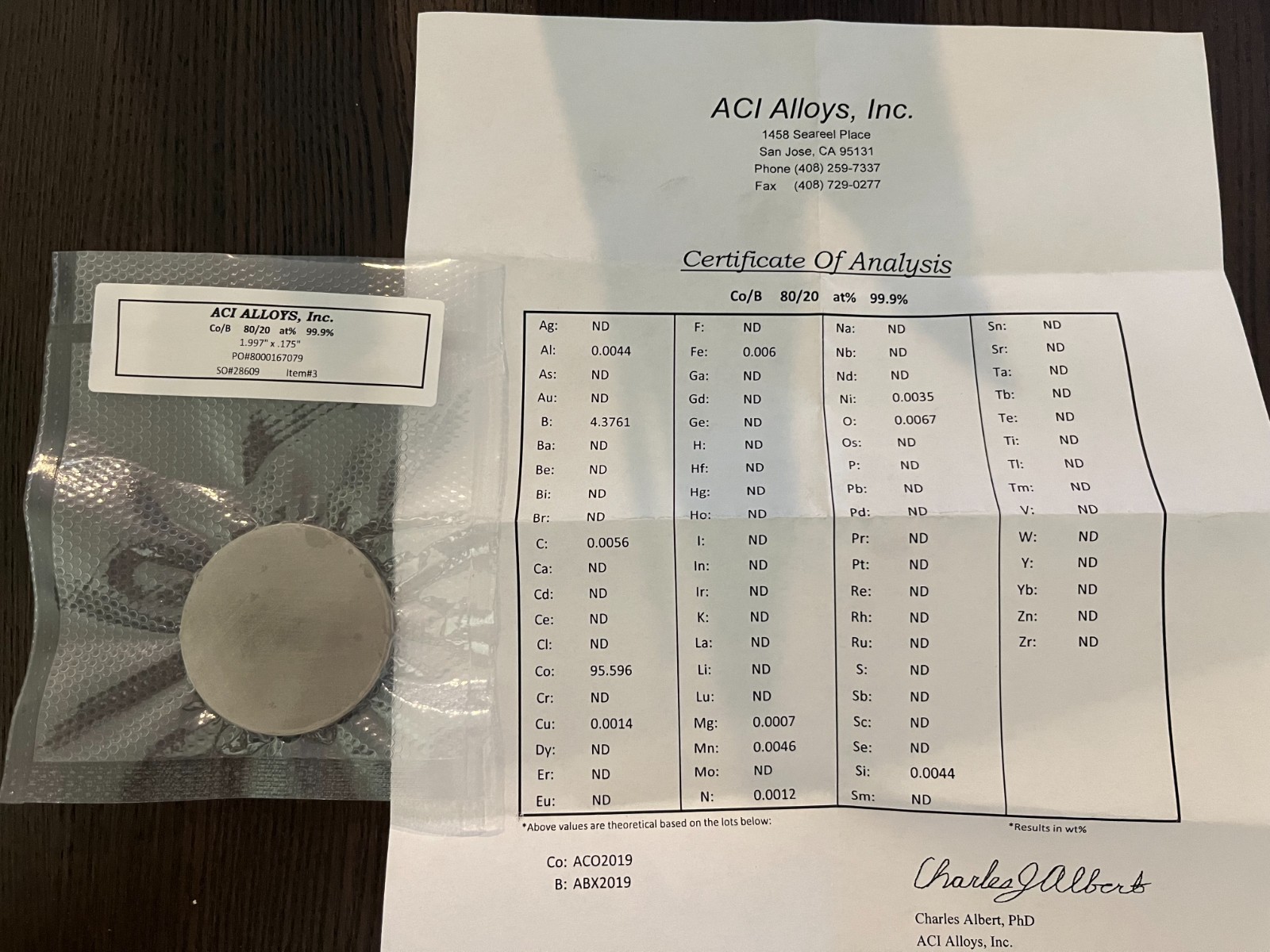 Sputtering Target, Co80 B20 at% 1.997′ x .175″