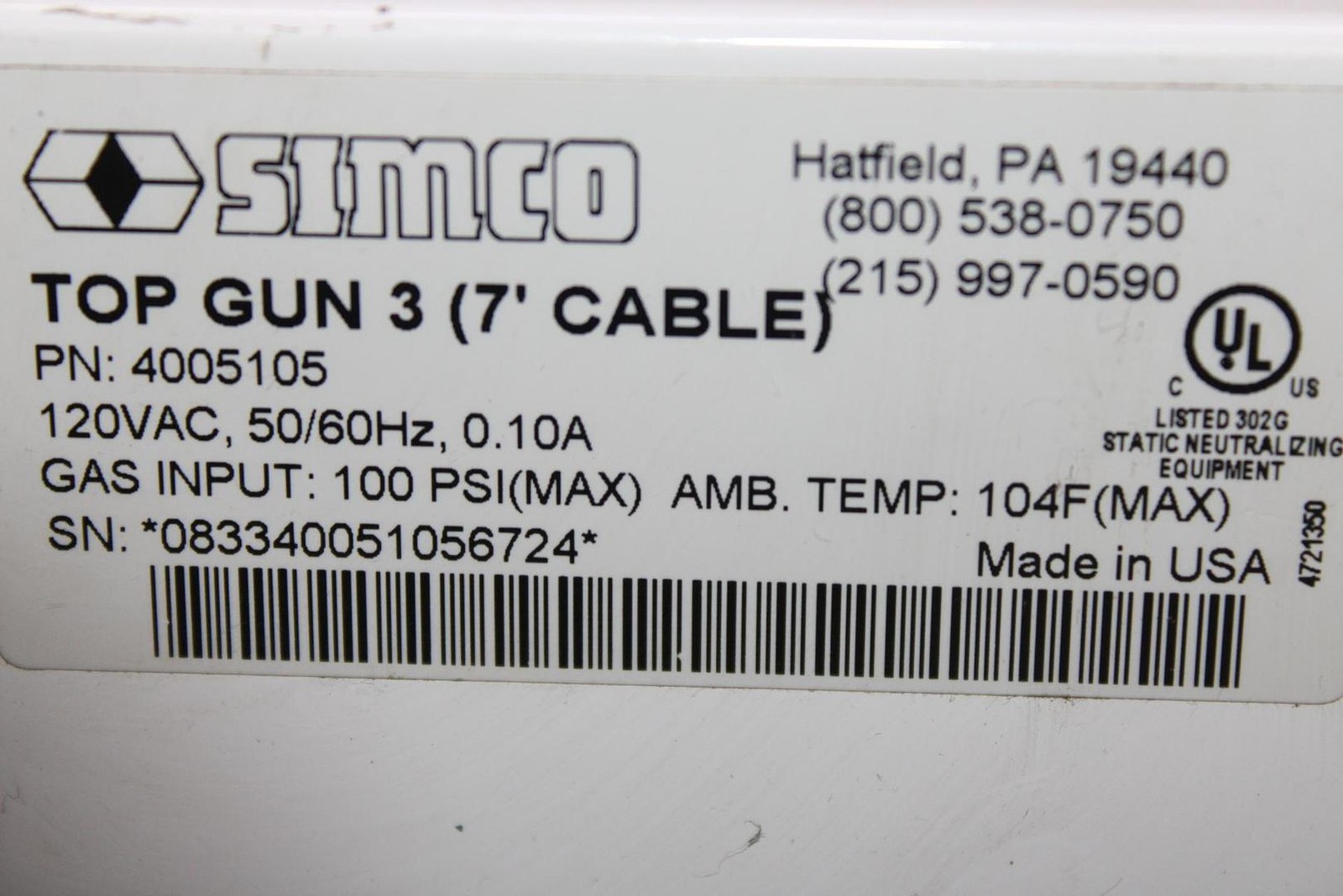 SIMCO IONIZING AIR GUN 4005105 TOP GUN 3 120 VAC 0.1 AMP 100 PSI 7′ CABLE