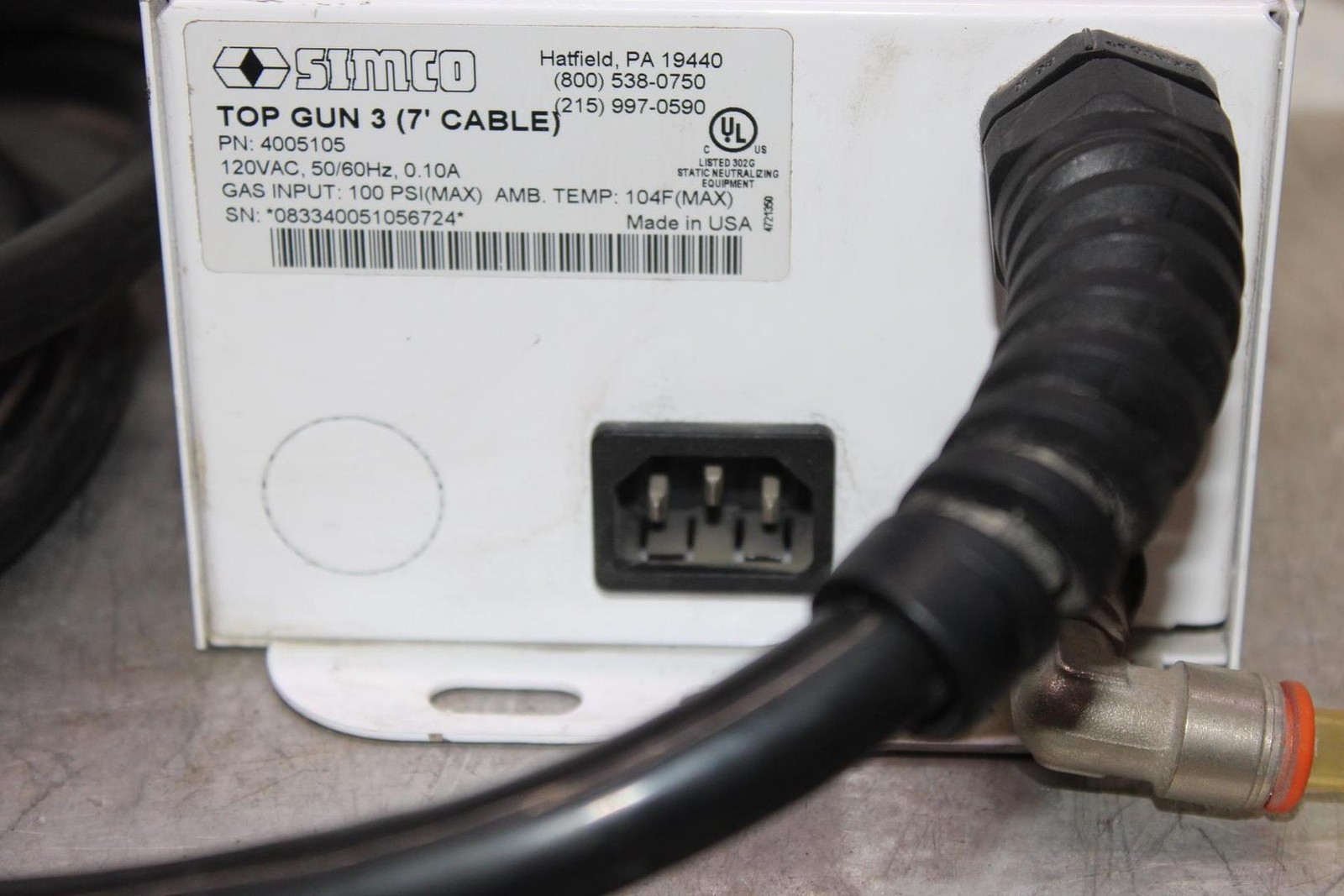 SIMCO IONIZING AIR GUN 4005105 TOP GUN 3 120 VAC 0.1 AMP 100 PSI 7′ CABLE