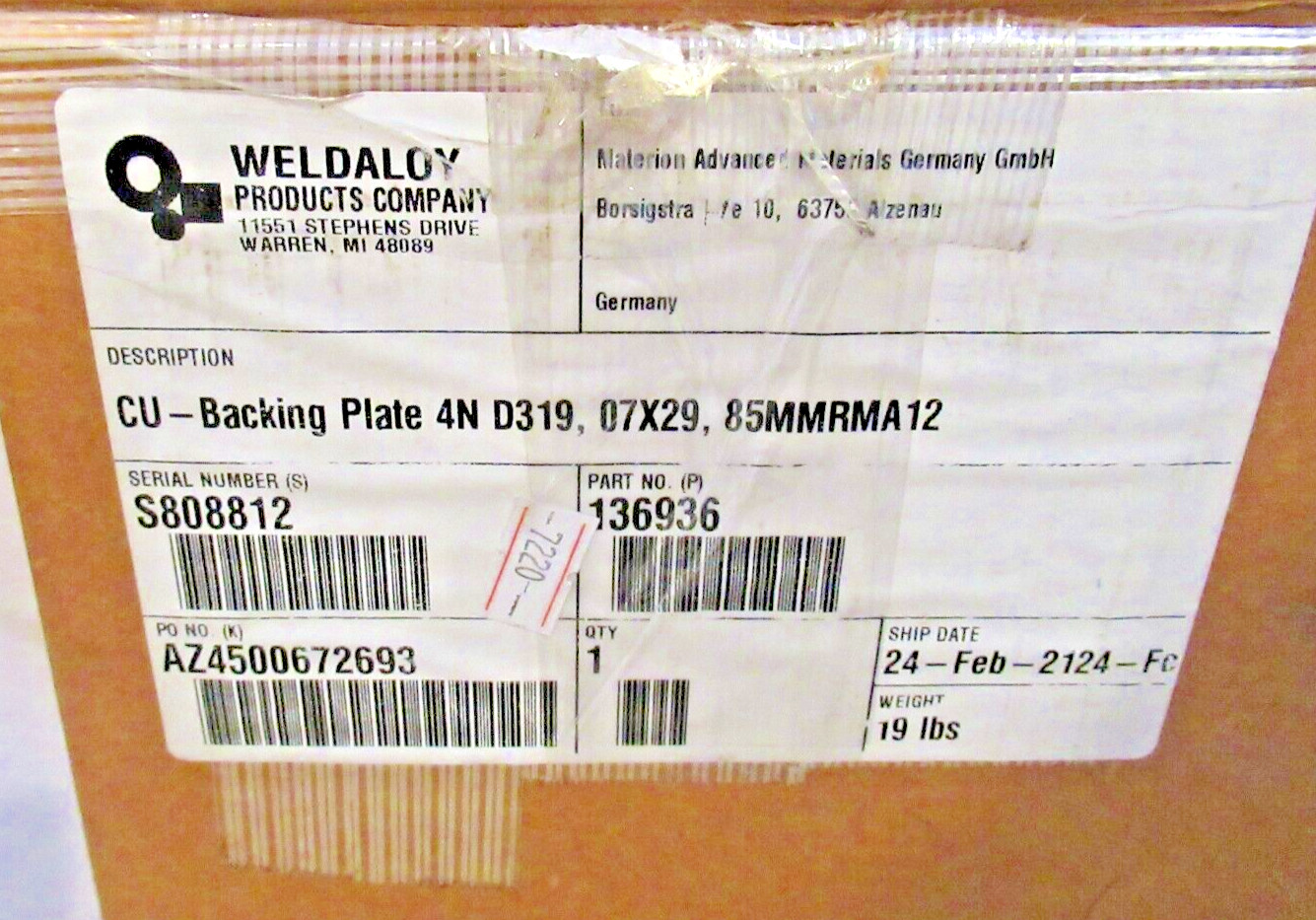 Weldaloy WP111234 REV. A Copper Backing Plate 4N D319, 85MMRMA12 *NEW W PAPERS*