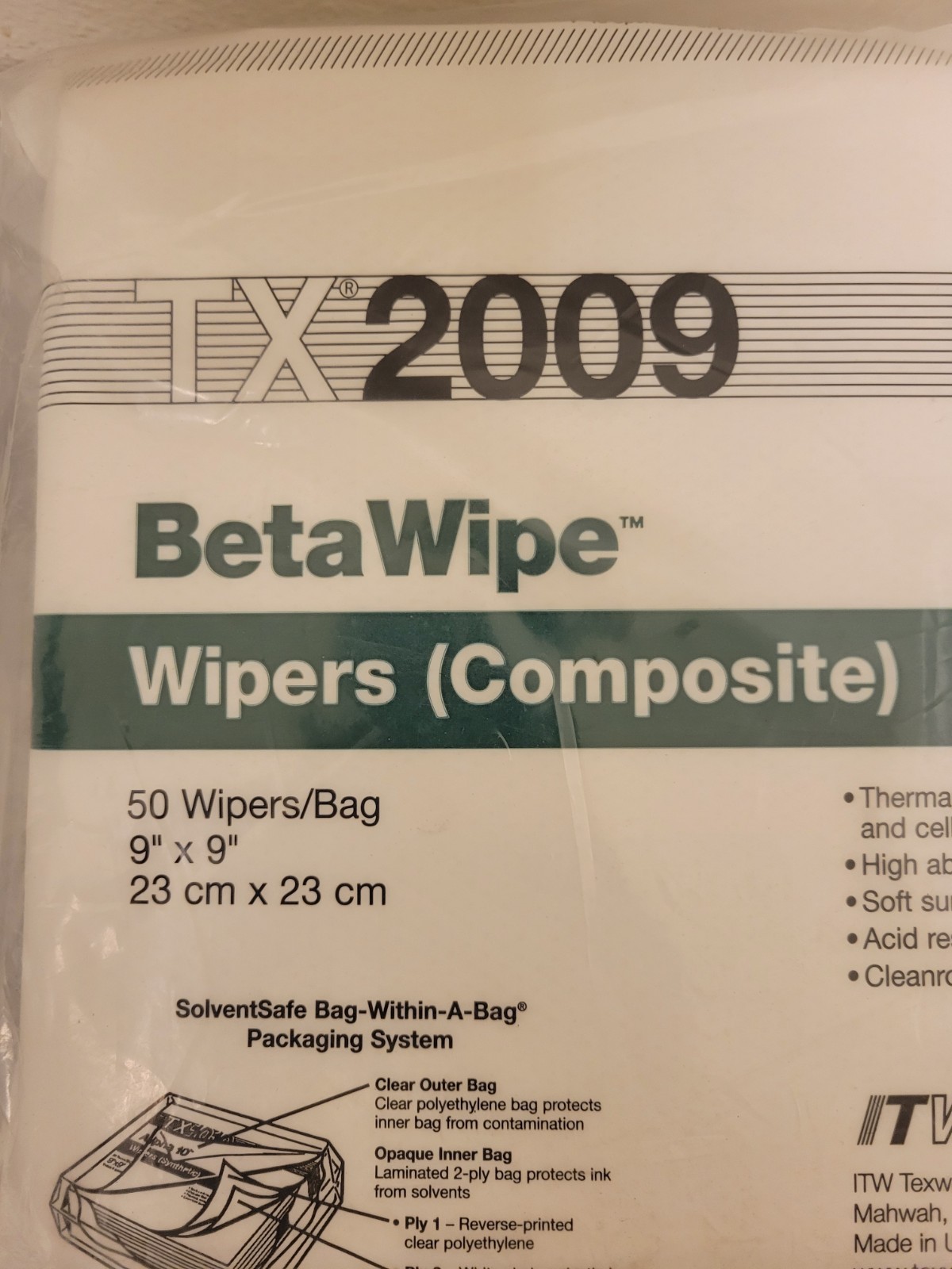 NEW Texwipe TX2009 Wipers Composite 9″X9″ – 2 Pks. (100 Total)