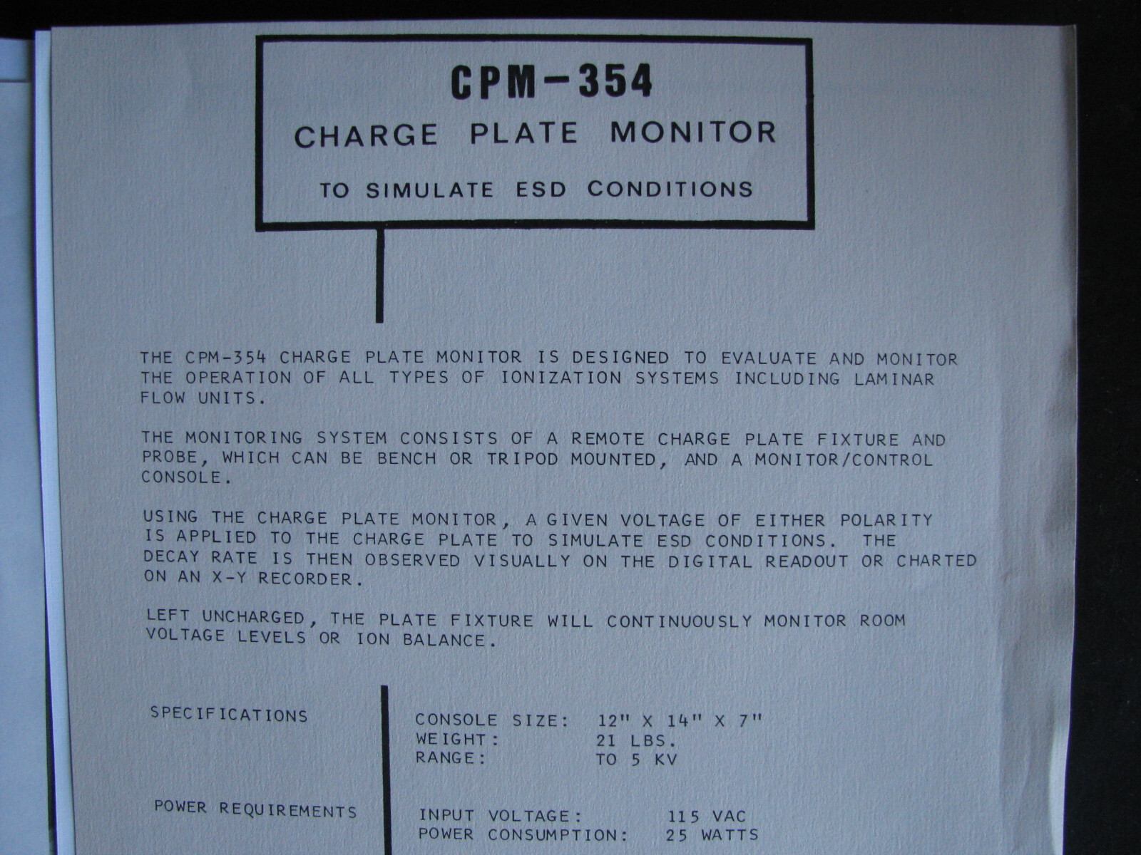 ION SYSTEMS CPM-354 CHARGE PLATE MONITOR w TREK 354A ESD MONITOR SIMCO