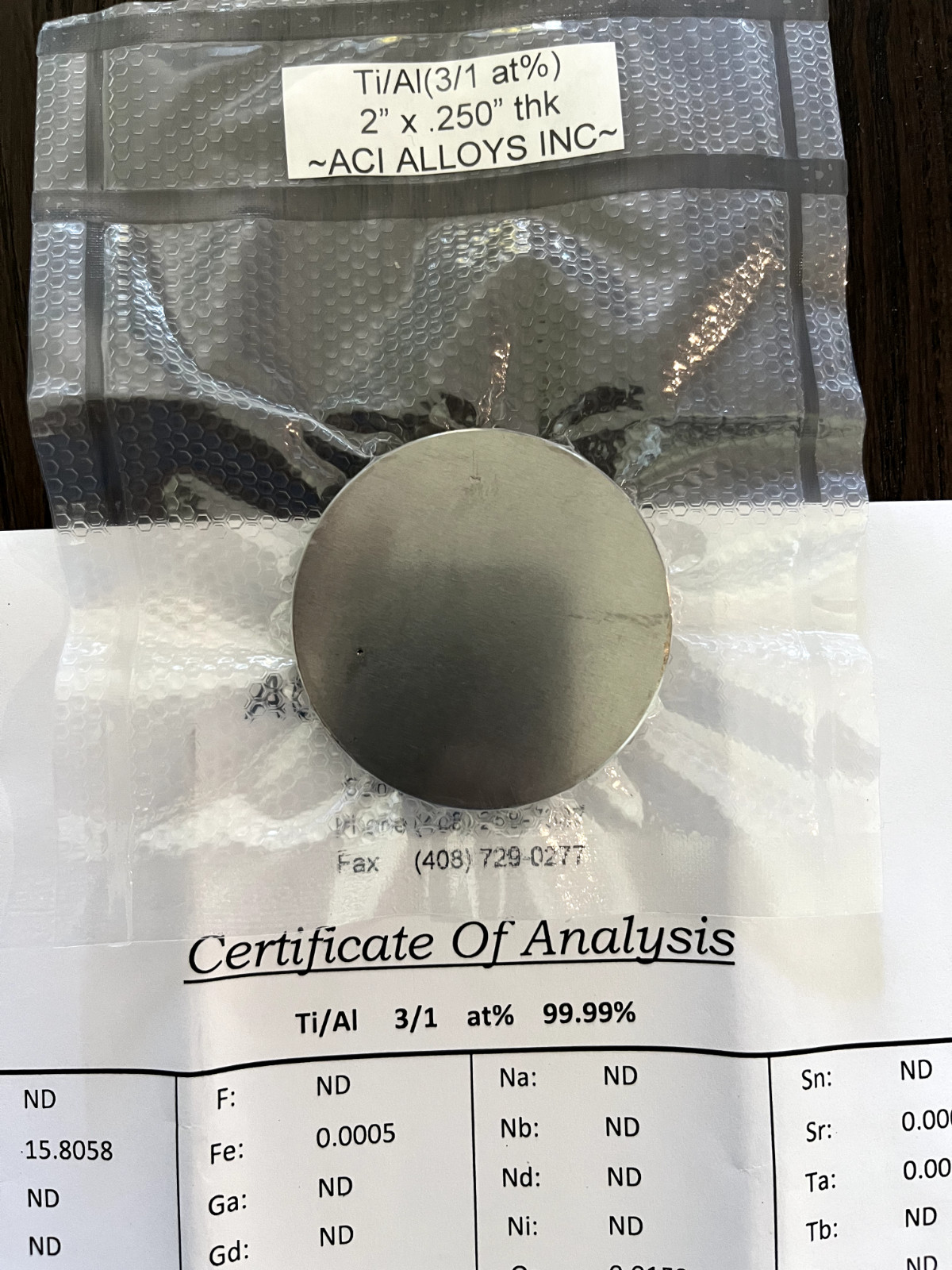 Sputtering Target, Ti3Al1 at % 2″ x 0.25″
