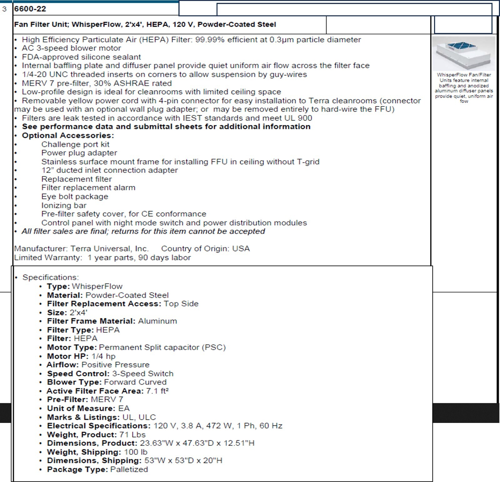 Terra Universal, ISO 7 / Class 10,000 Cleanroom; Softwalled, 12’W” x 8’D” x 8’H