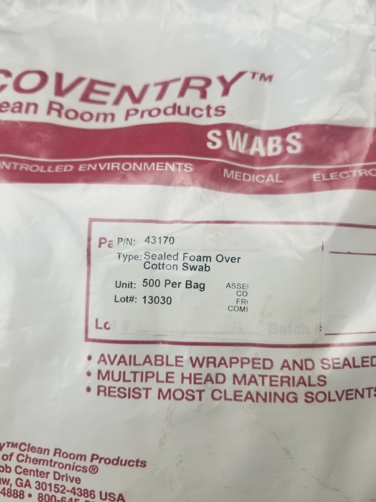 Coventry 43170 Swab Cleanroom Polyurethane/Foam Sealed bag of 500