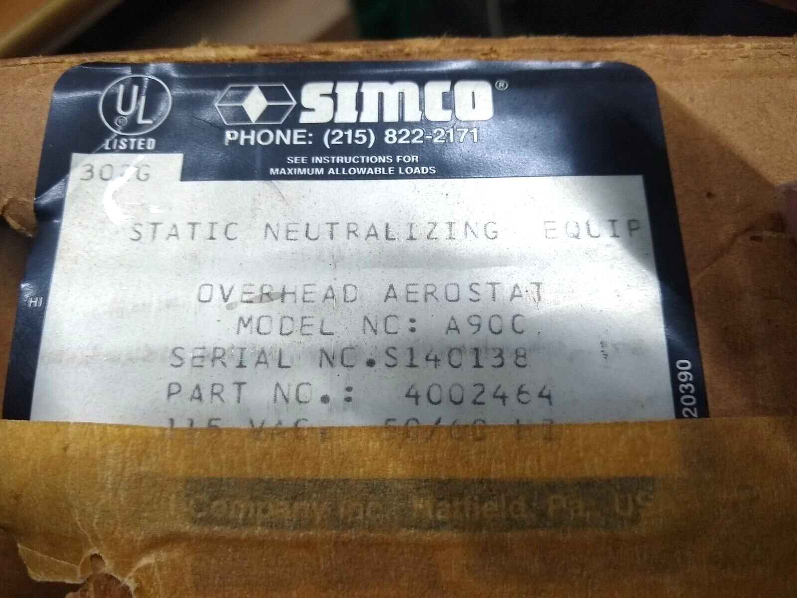 Simco Static Neutralizing Equipment Overhead Aerostat A900