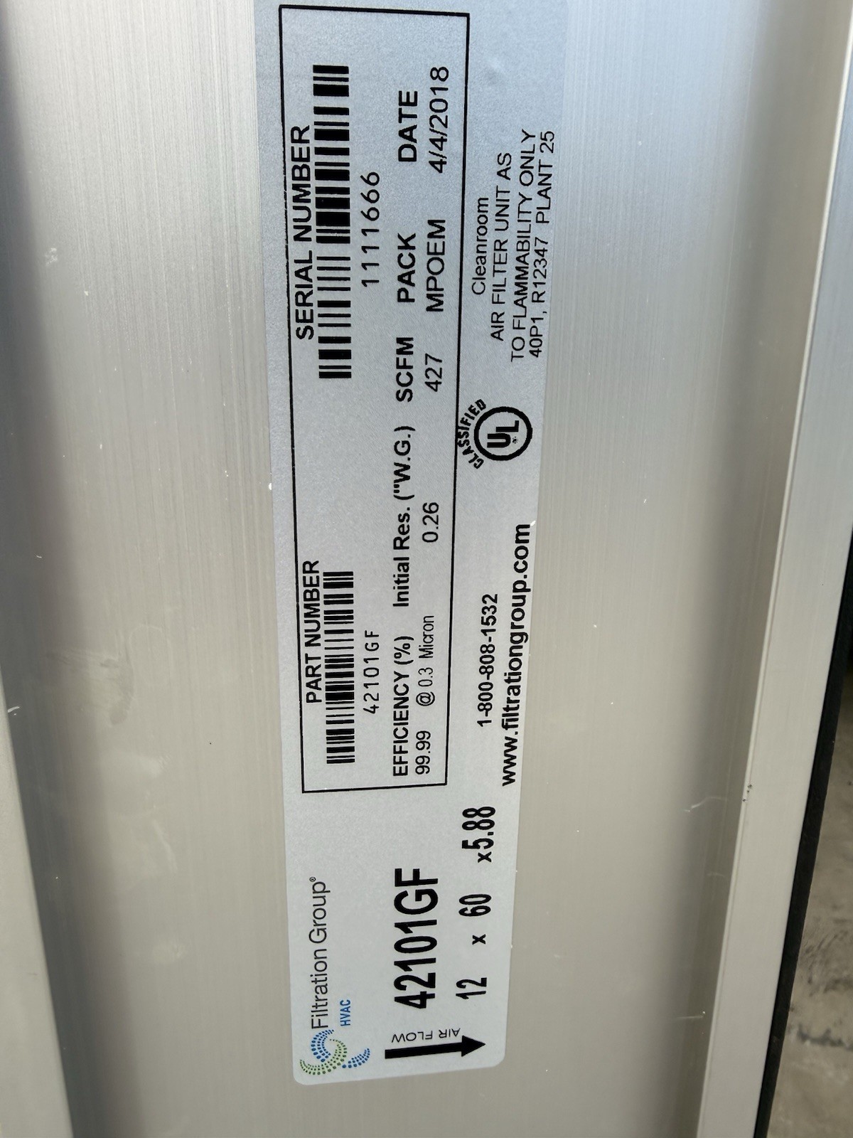 Hepa Filter 99.99 @0.3 Micron 12x60x5.88 deep Class One