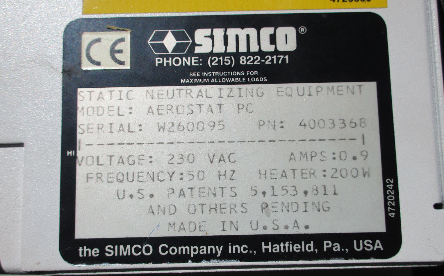 SIMCO Aerostat PC Neutralizing Ionizing Heated Air Blower 230VAC