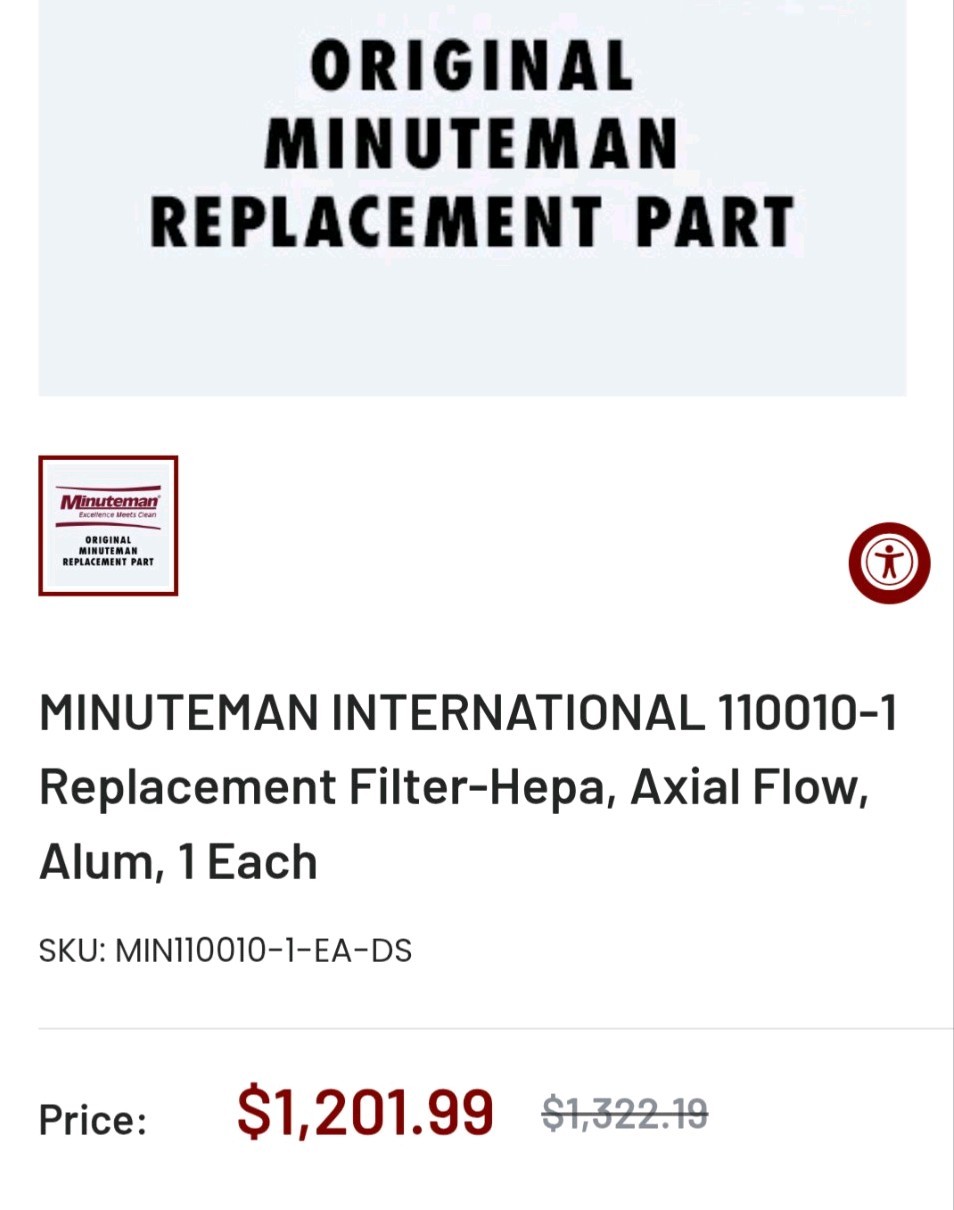 Minuteman 110010-1 Replacement HEPA Filter Axial Flow Aluminum