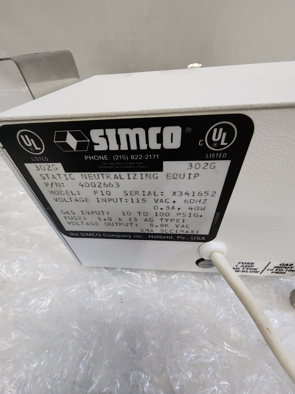 SIMCO TOP GUN 4002663 STATIC NEUTRALIZING EQUIP
