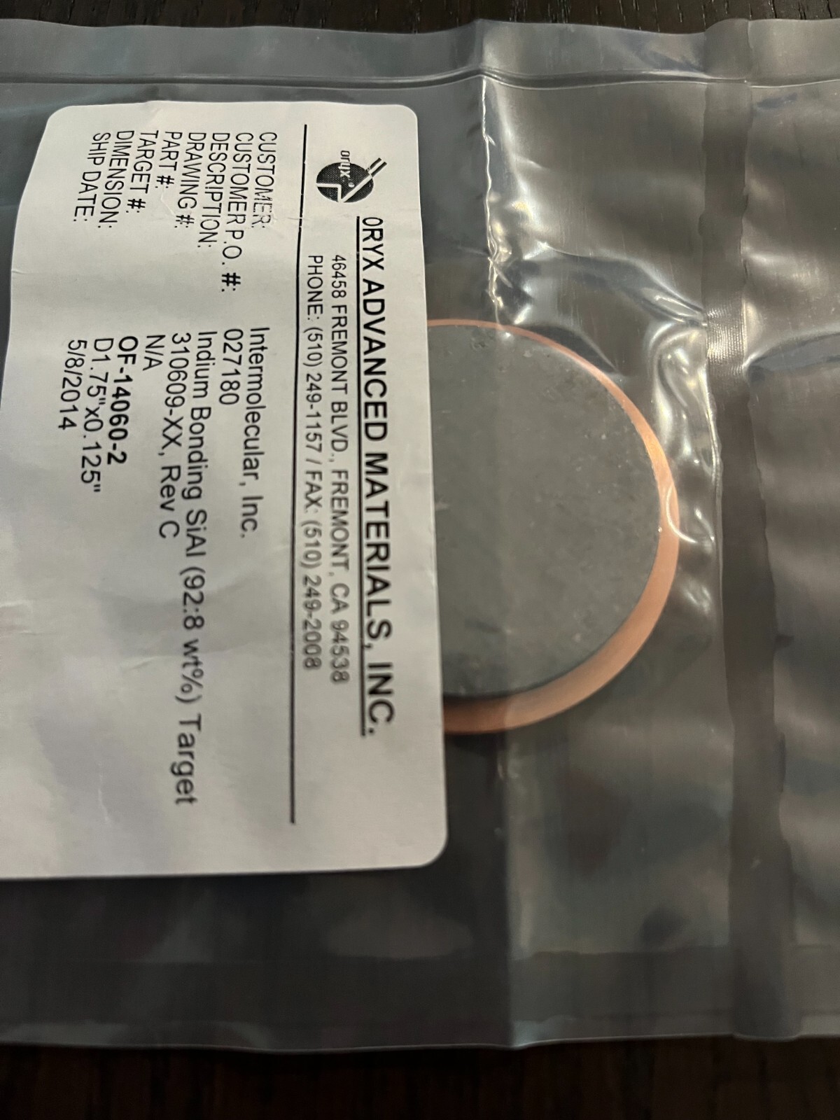 Sputtering Target, Si92Al8 wt% 1.75″ x .125″ bonded to 2″ copper backing plate