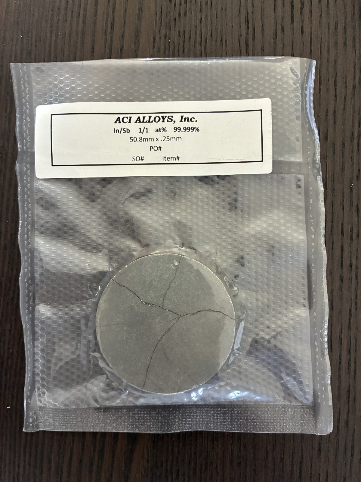 Sputtering Target, In1 Sb1 At% 50.8mm x 0.25″ including Cu backing plate