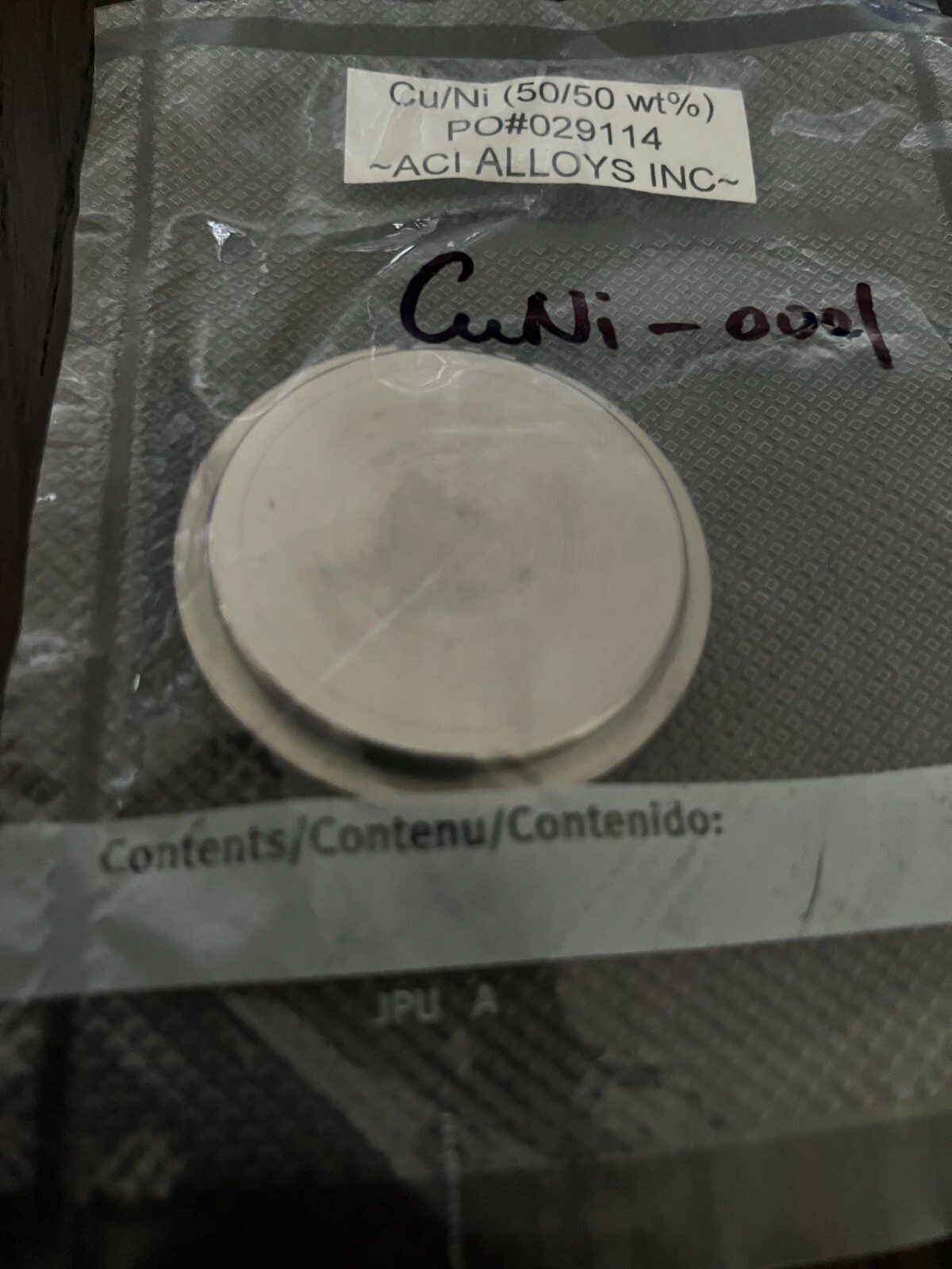 Sputtering Target, Cu50Ni50 wt%, 2″ x .250″