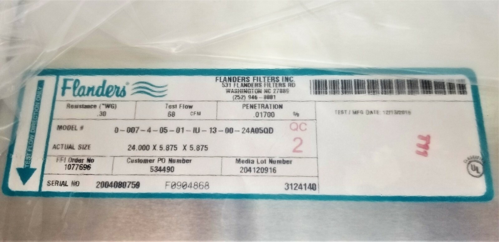 Lot Of (2) 24” X 6” X 6” Clean Room HEPA Filters .017OO% Penetration [C1S2]
