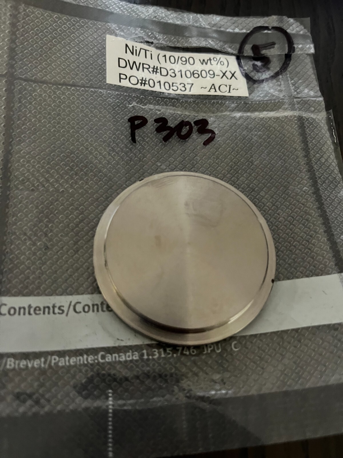 Sputtering Target, Ni10Ti90 wt%, 2″ x .250″