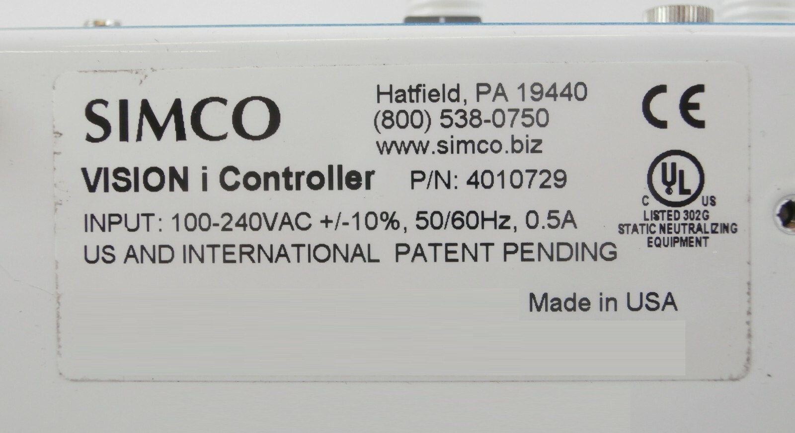 Simco 4010729 Ionizing Bar Controller Ionizer VISION i Missing Cap As-Is Working