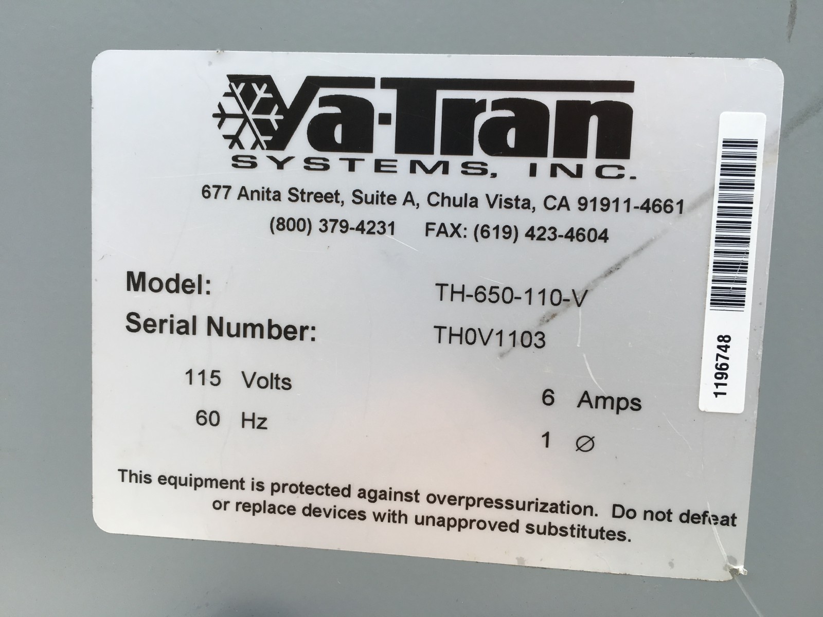 Va-Tran Systems, Inc. Carbon Dioxide Purifier/ Heater/Buffer