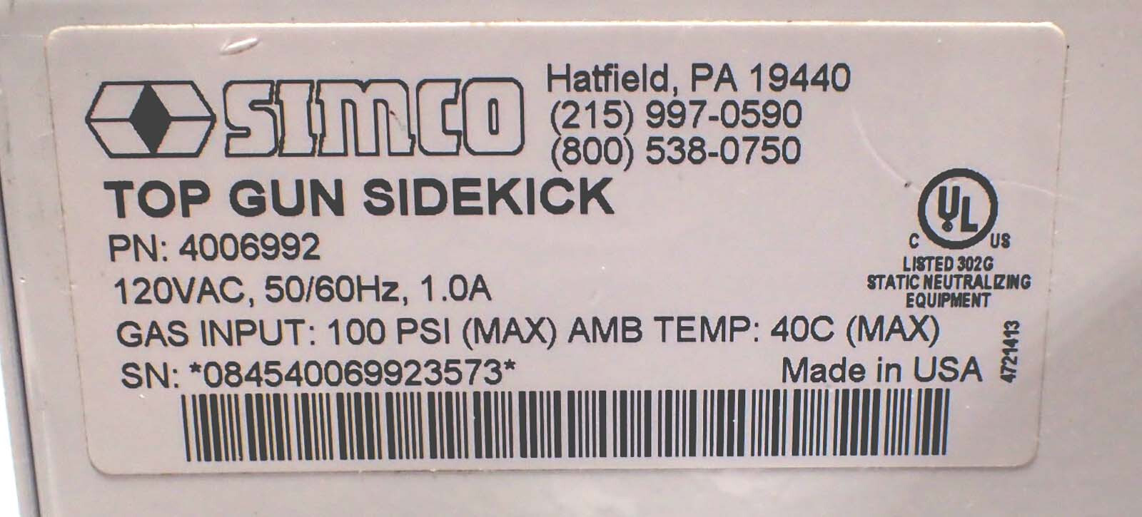 SIMCO TOP GUN SIDEKICK 4006992 IONIZING AIR GUN 120V IN: 100 PSI w/ FOOT PEDAL