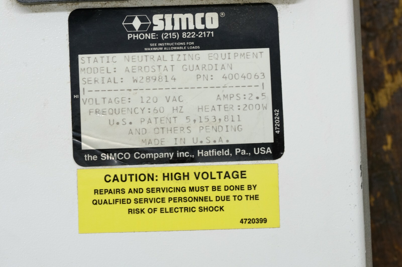 Simco Static Neutralizer Aerostat Guardian 4004063 3 Fan Overhead Ionizer