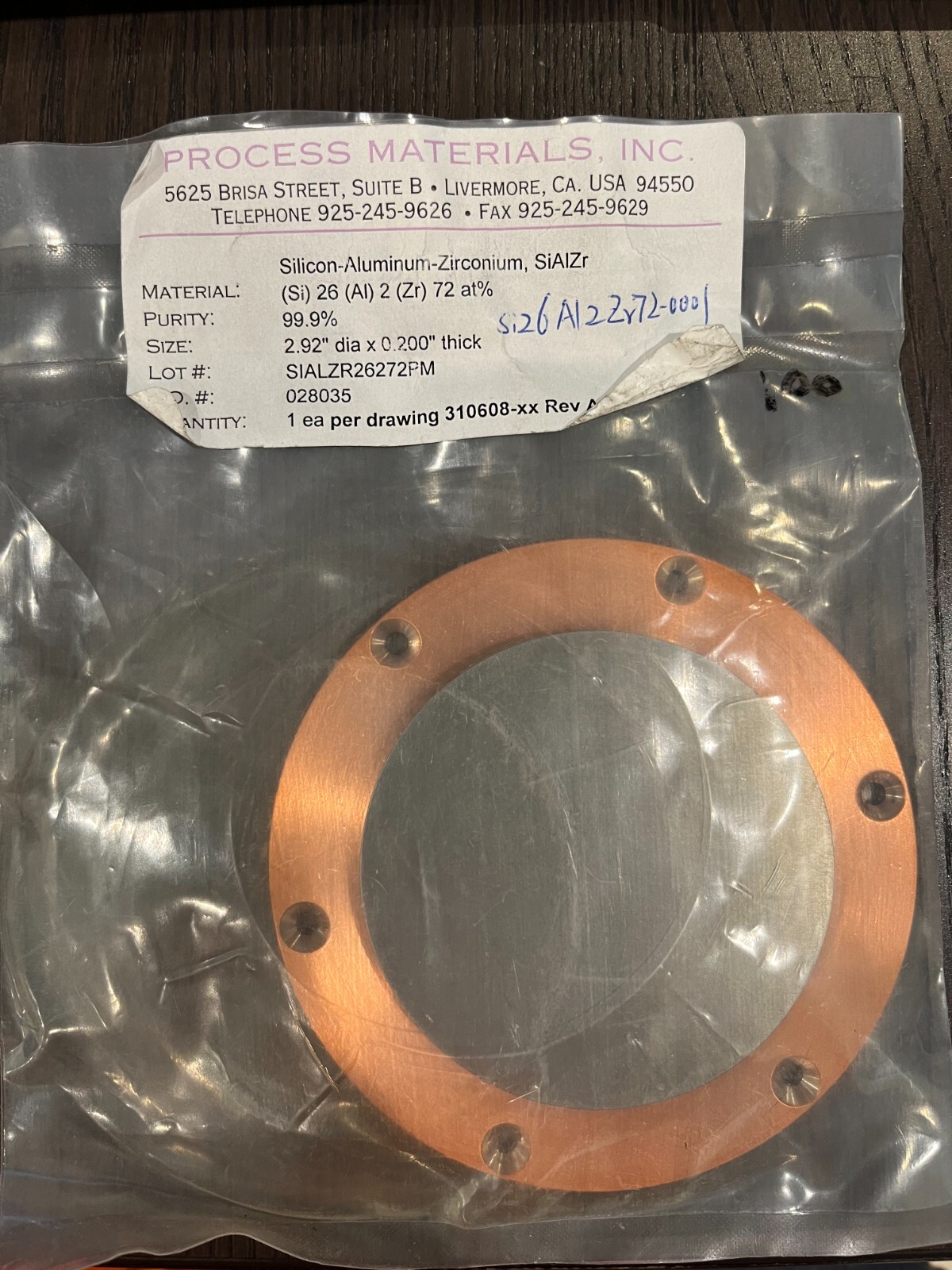 Sputtering Target, Si26Al2Zr72 at %, 2.92″x .200″ w/ 4″ copper backing plate