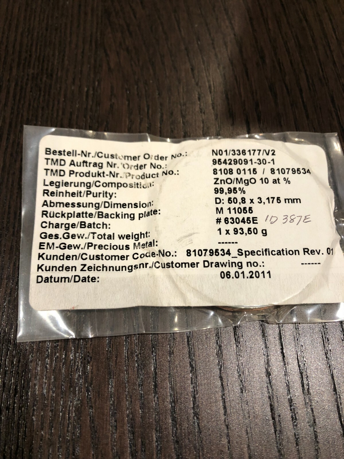 Sputtering Target, ZnOMgO 10 at% 2″x.125″