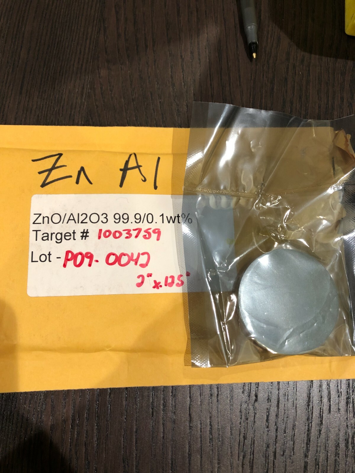 Sputtering Target, ZnOAl2O3 99.9/0.1 wt% 2″x.125″