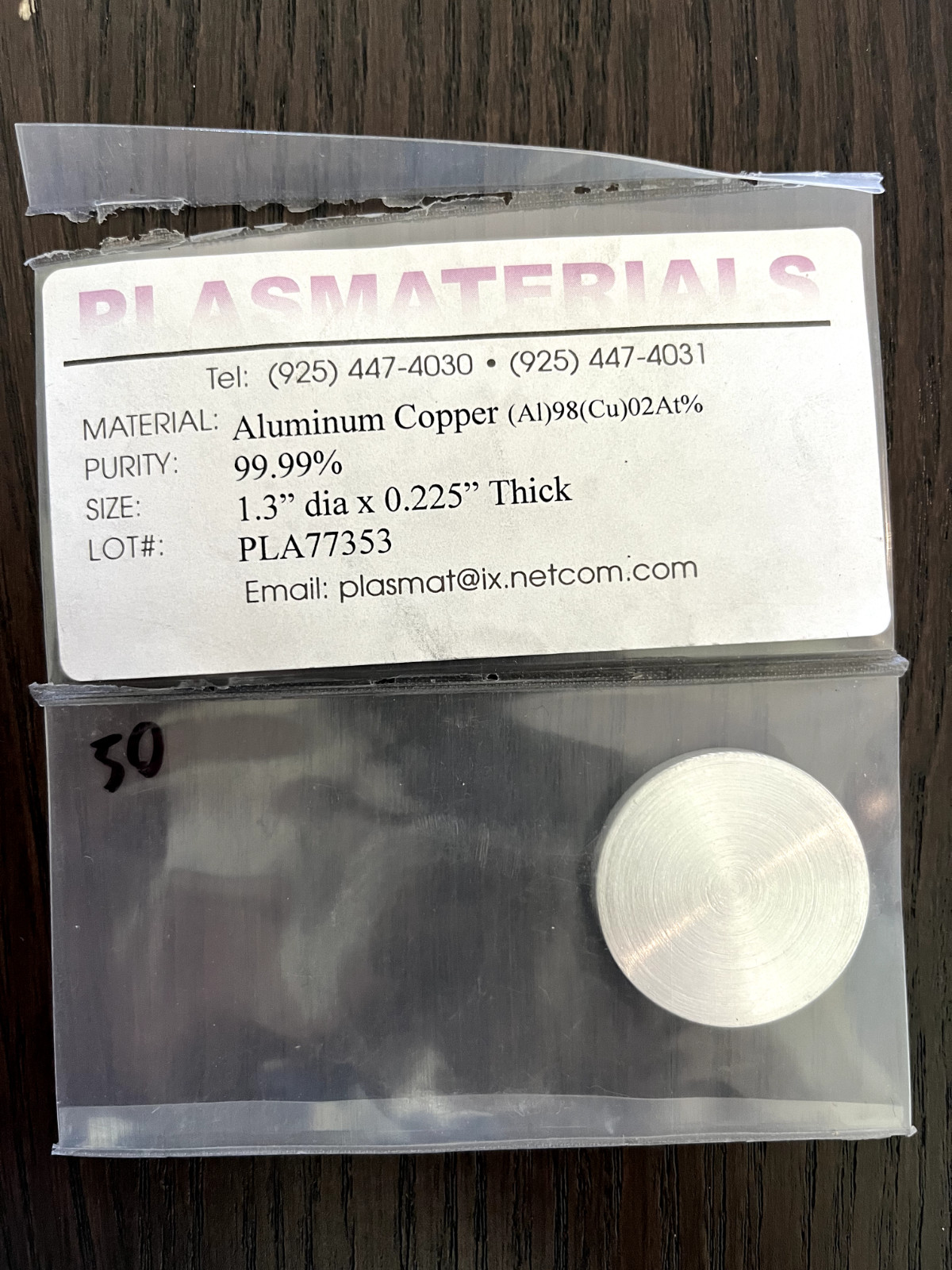 Sputtering Target, Al98Cu2 at %, 1.3’x0.225″