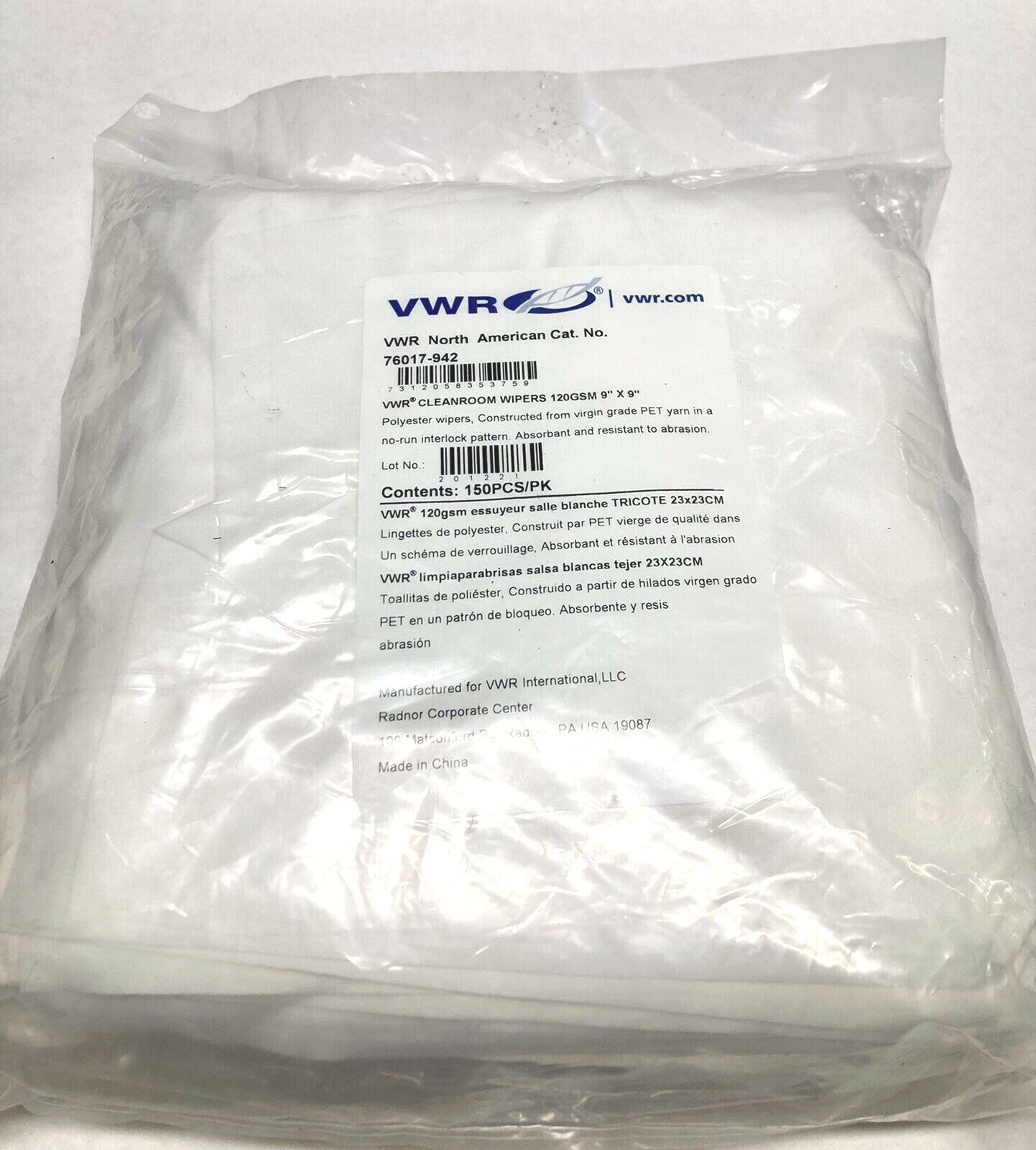 VWR Cleanroom Wipers 120GSM 9″x9″ Polyester Wipes Bag of 150 Pcs 76017-942