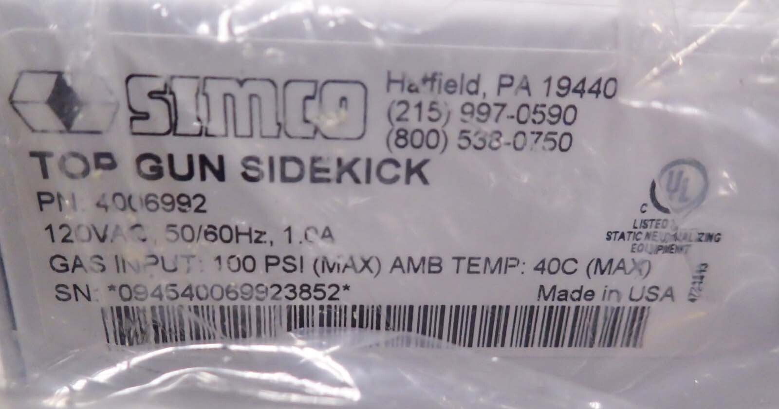 SIMCO TOP GUN SIDEKICK 4006992 IONIZING AIR GUN 120V IN: 100 PSI w/ FOOT PEDAL