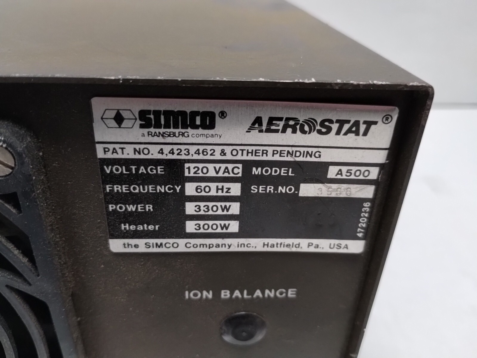 SIMCO AEROSTAT A500 IONIZER W/ HEATER missing stand