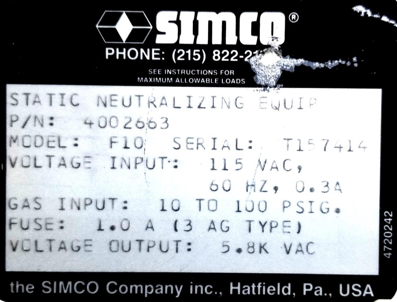 Simco F10 Top Gun Static Neutralizing Blow Off Gun 4002663 115VAC 60Hz 0.3A