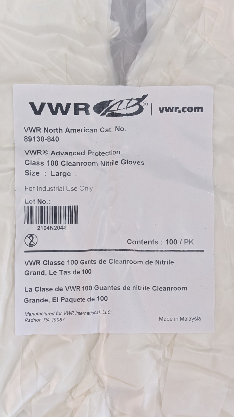 VWR Advanced Protection Class 100 Nitrile Cleanroom Gloves LARGE 89130-840 lab