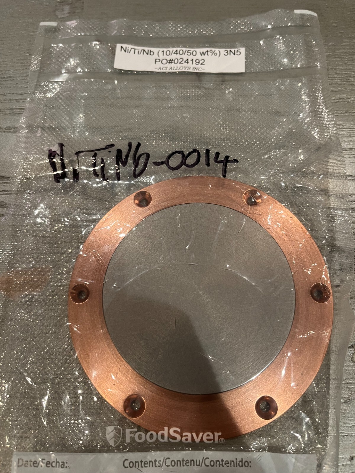 Sputtering Target, Ni10Ti40Nb50 wt %, approx 3″x.25″w/ 4″ copper backing plate
