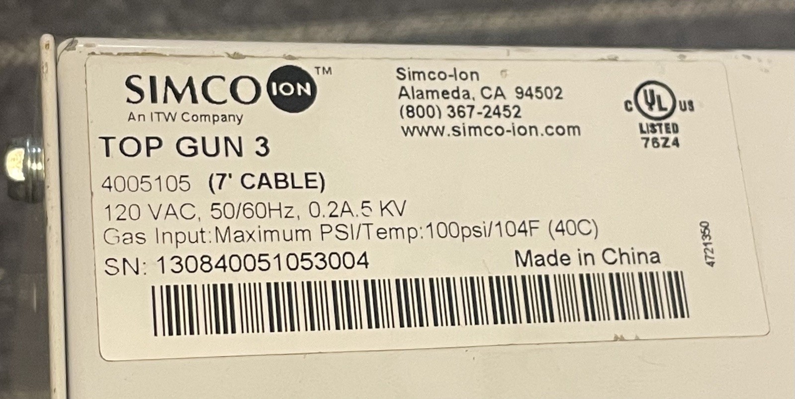 SIMCO 4005105 Top Gun 3 Ionizing Air Gun Control Module An ITW Company