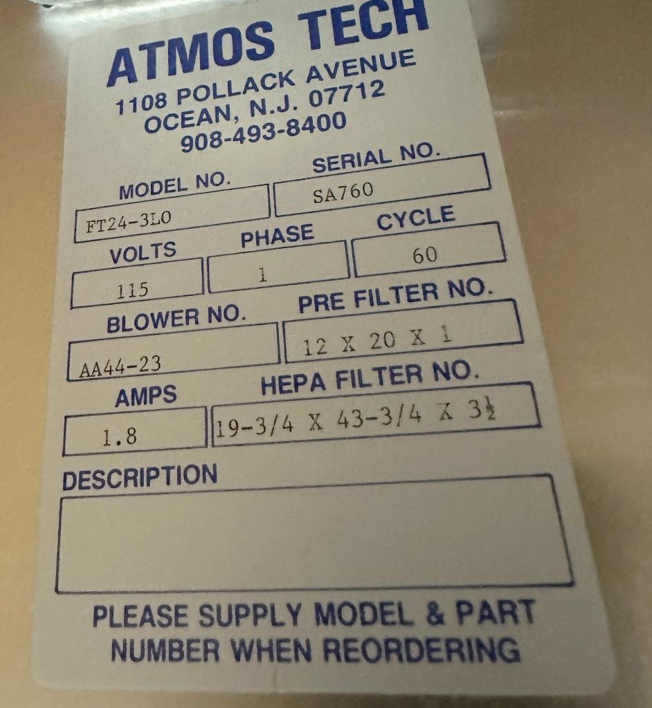 Atmos Tech FT24-3L0 Hepa Filter Blower Clean Room AA44-23 19.75″ x 43.75″ x 3.5″