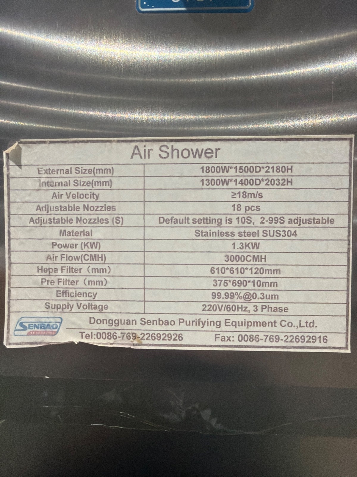 DONGGUAN SENBAO SB-1800 Air Shower Cleanroom System USED