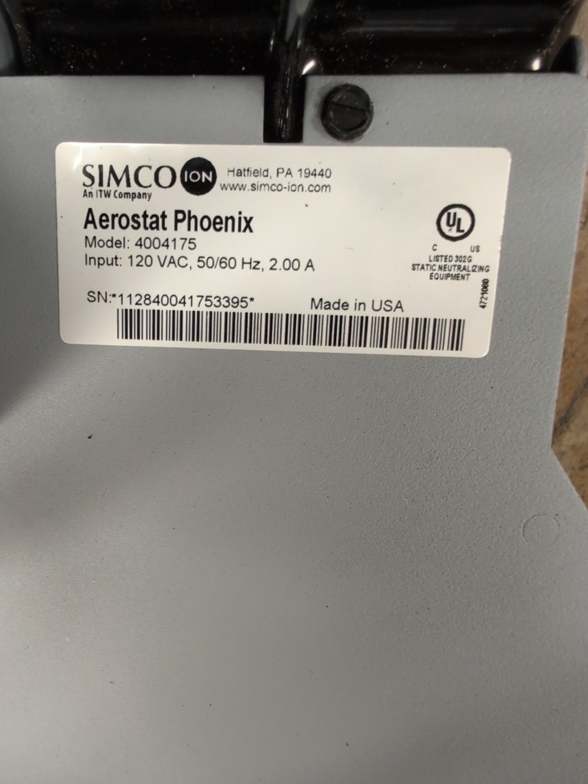 SIMCO ION Aerostat Phoenix Extended Range Ionizing Air Blower 4004175, 120VAC