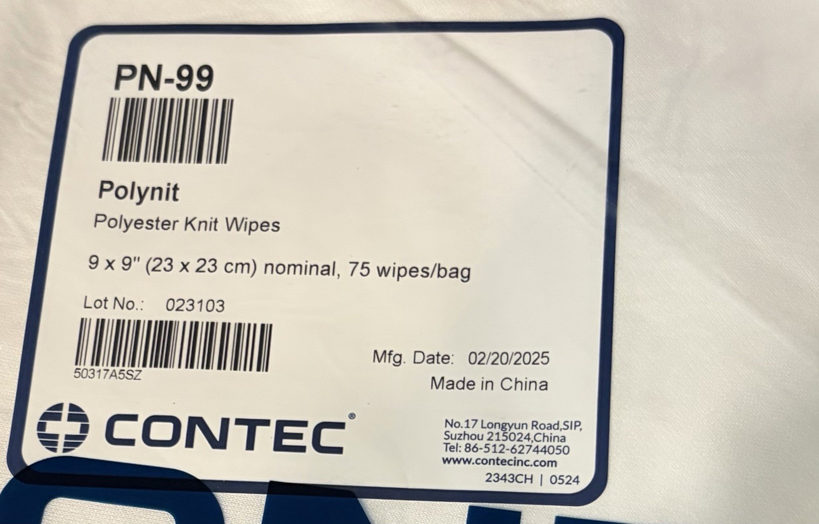 Contec PN-99 Polynit Wipes 9” x 9” 150 Total Wipes (75 Wipes per Bag) NWT