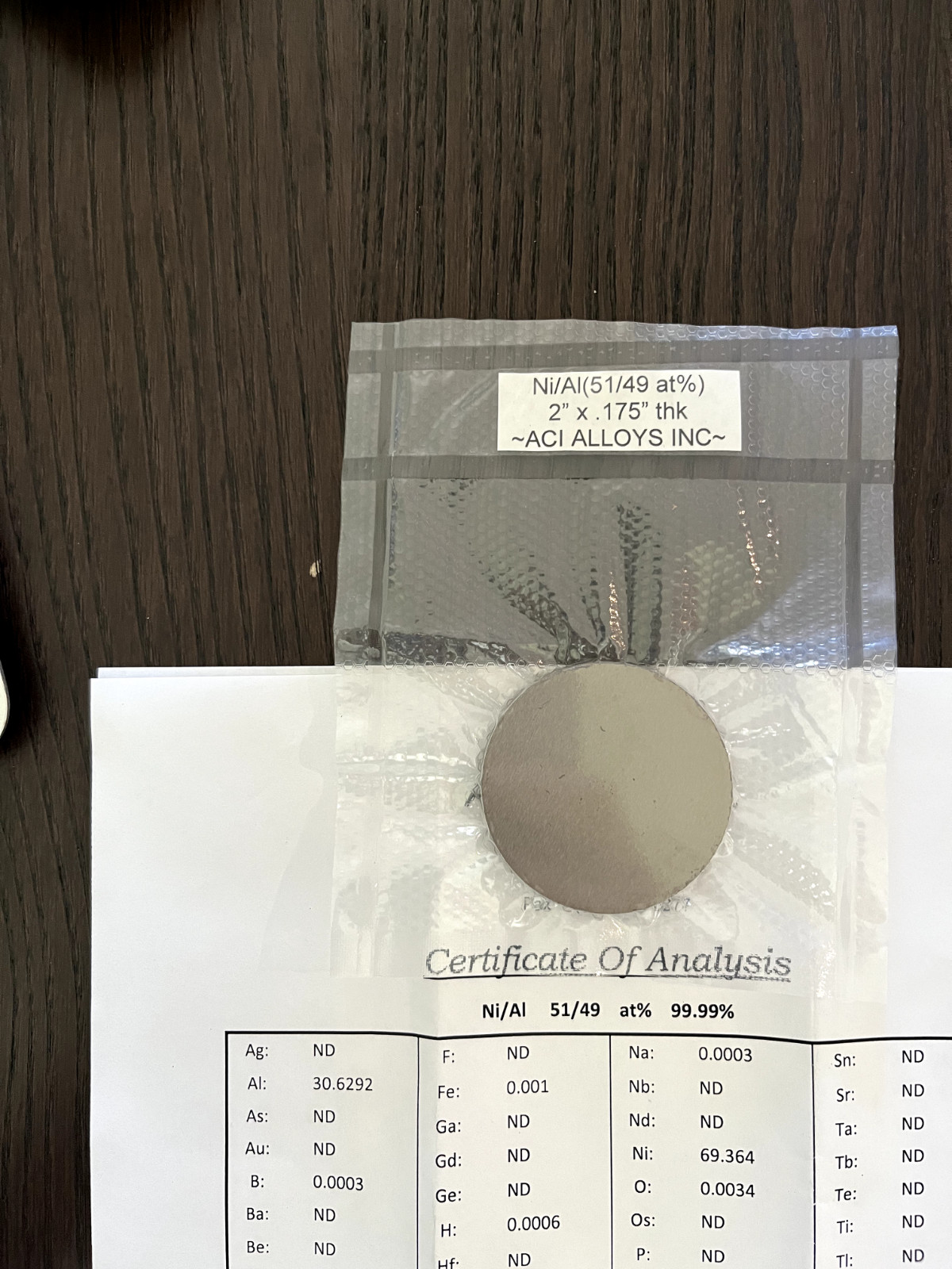 Sputtering Target, Ni51Al49 at % 2″ x 0.175″