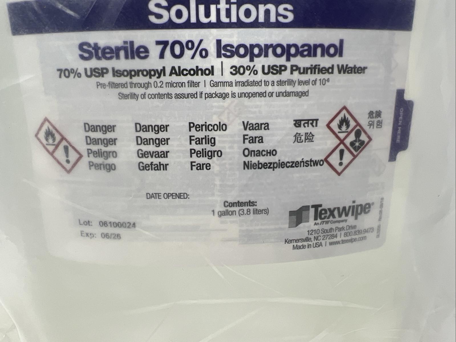 TexWipe TX3290 Sterile 70% Isopropyl Alcohol, USP Grade, Clean Room Equipment