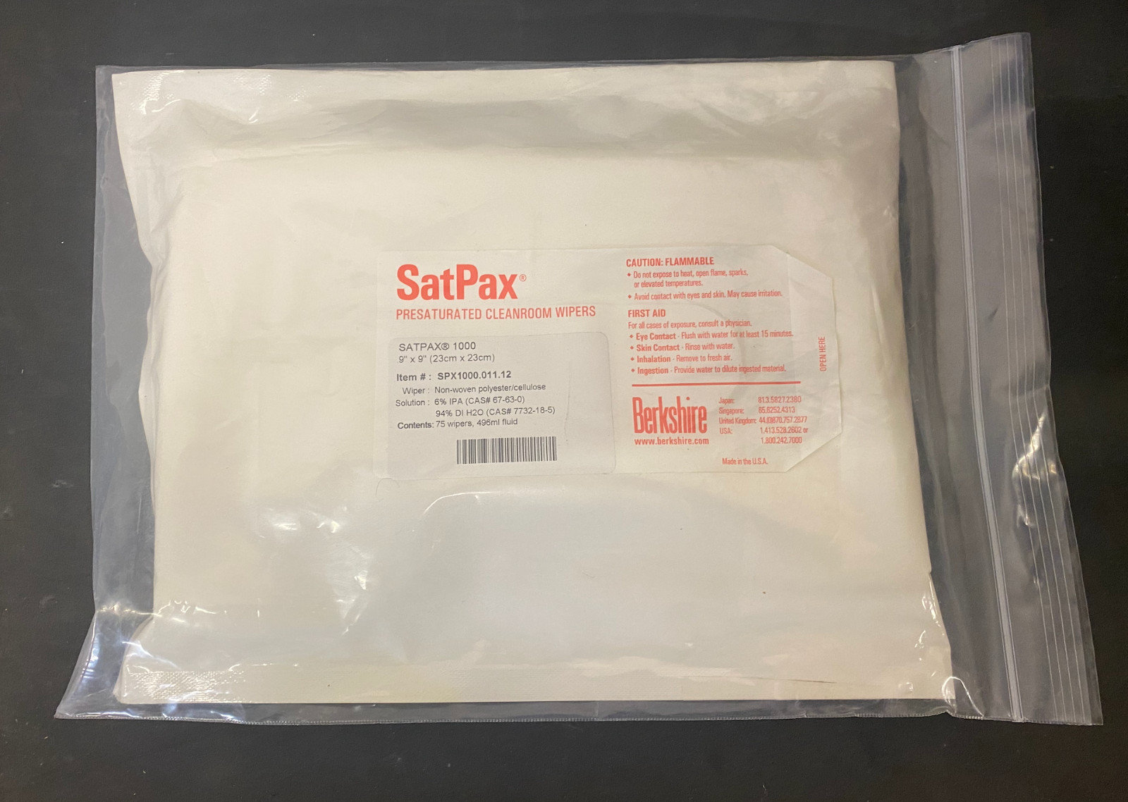 Berkshire SatPax 1000 Presaturated Cleanroom Wipers SPX1000.011.12, 9″x9″, 6%