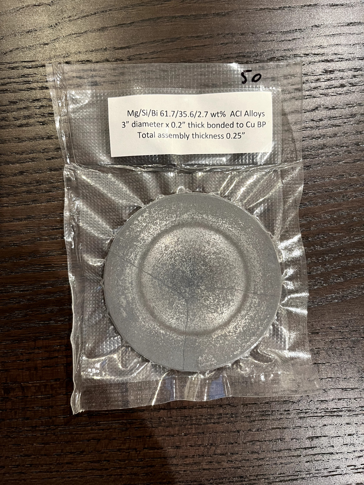Sputtering Target, Mg61.7Si35.6Bi2.7 wt%, 3″x0.2″ bonded to copper backing plate